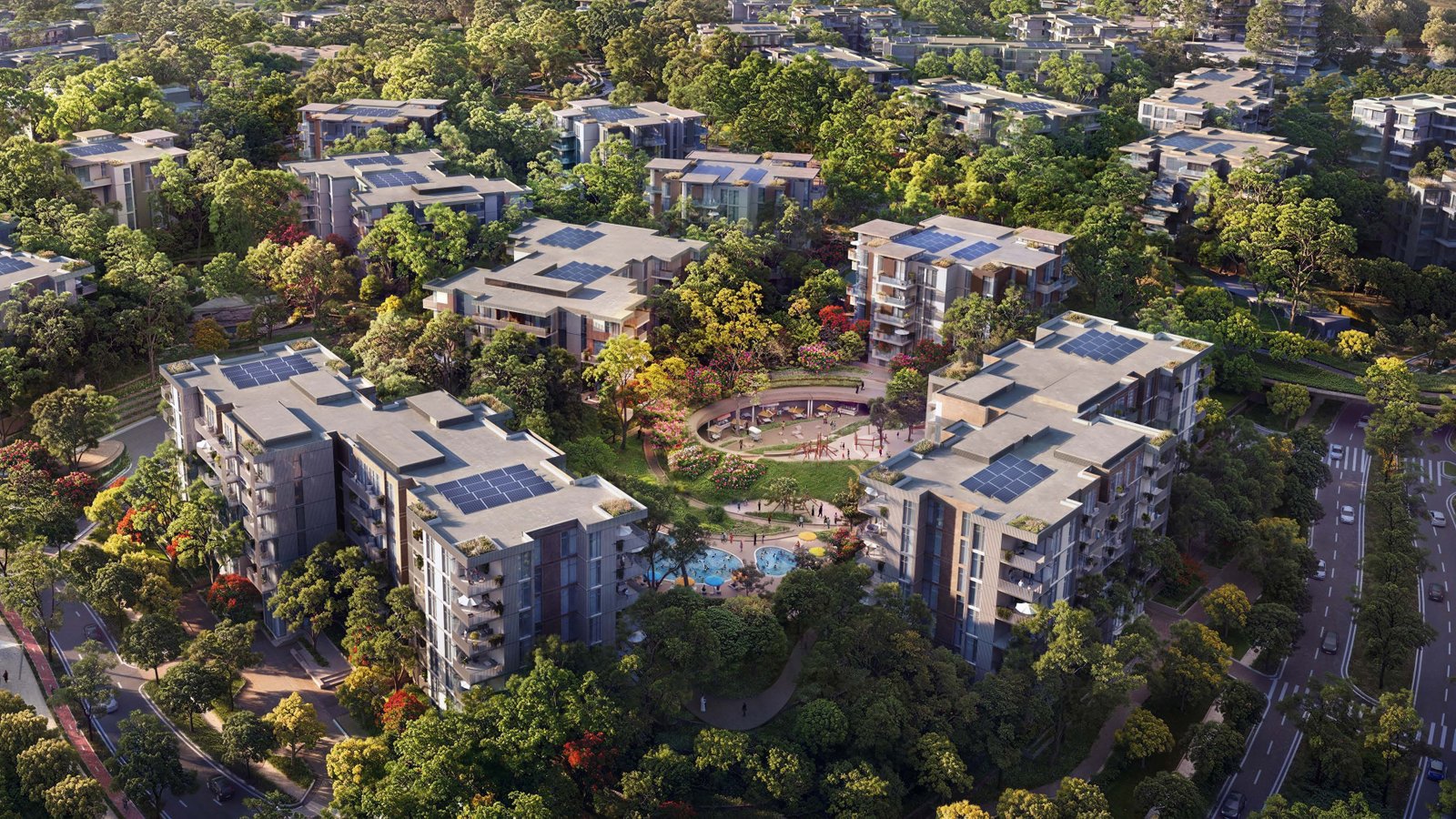 Aerial community view among trees